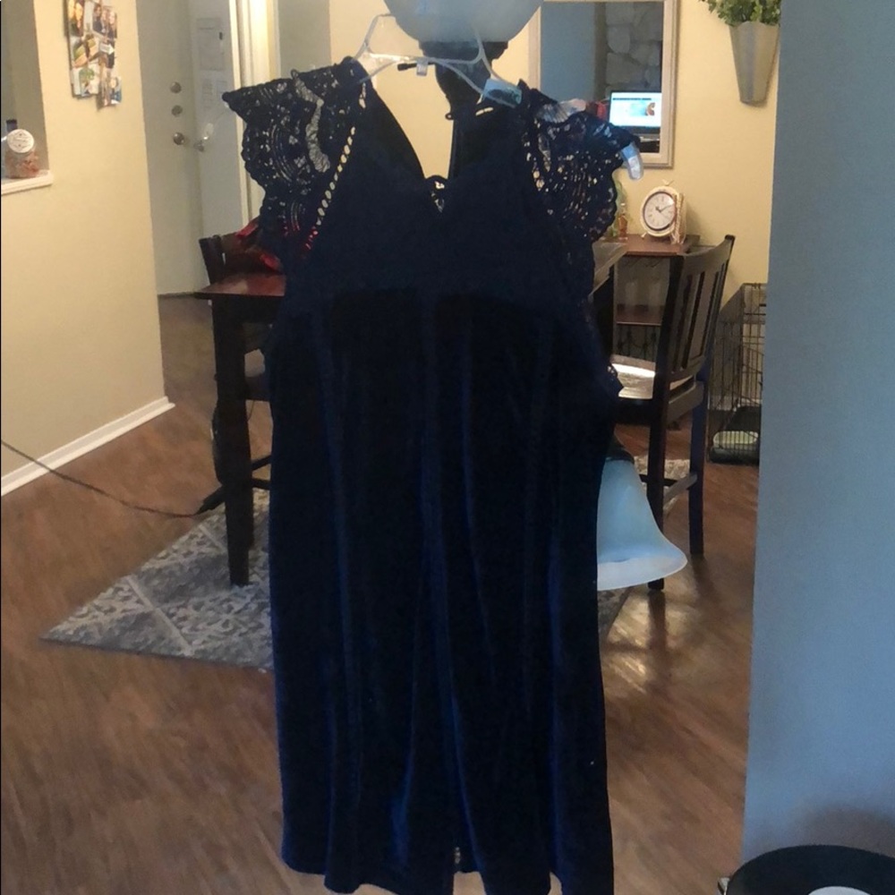 Navy Velvet Dress with Crochet Detail - S